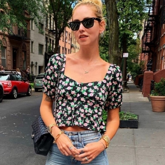 NWT Zara Floral Print Button Front Puff Sleeves Ruffle Peplum Crop Top Size XS - Picture 2 of 16